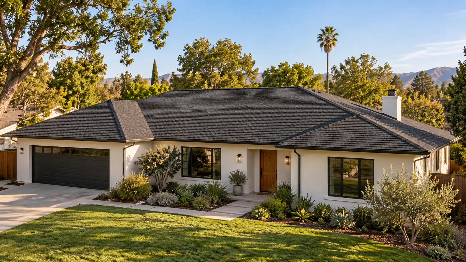 Illustration of a Southern California home with a new charcoal shingle roof