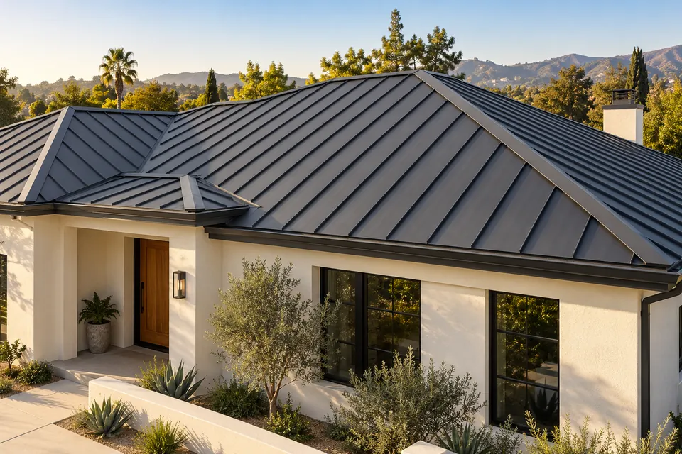 Illustration of a standing-seam metal roof on a residential home