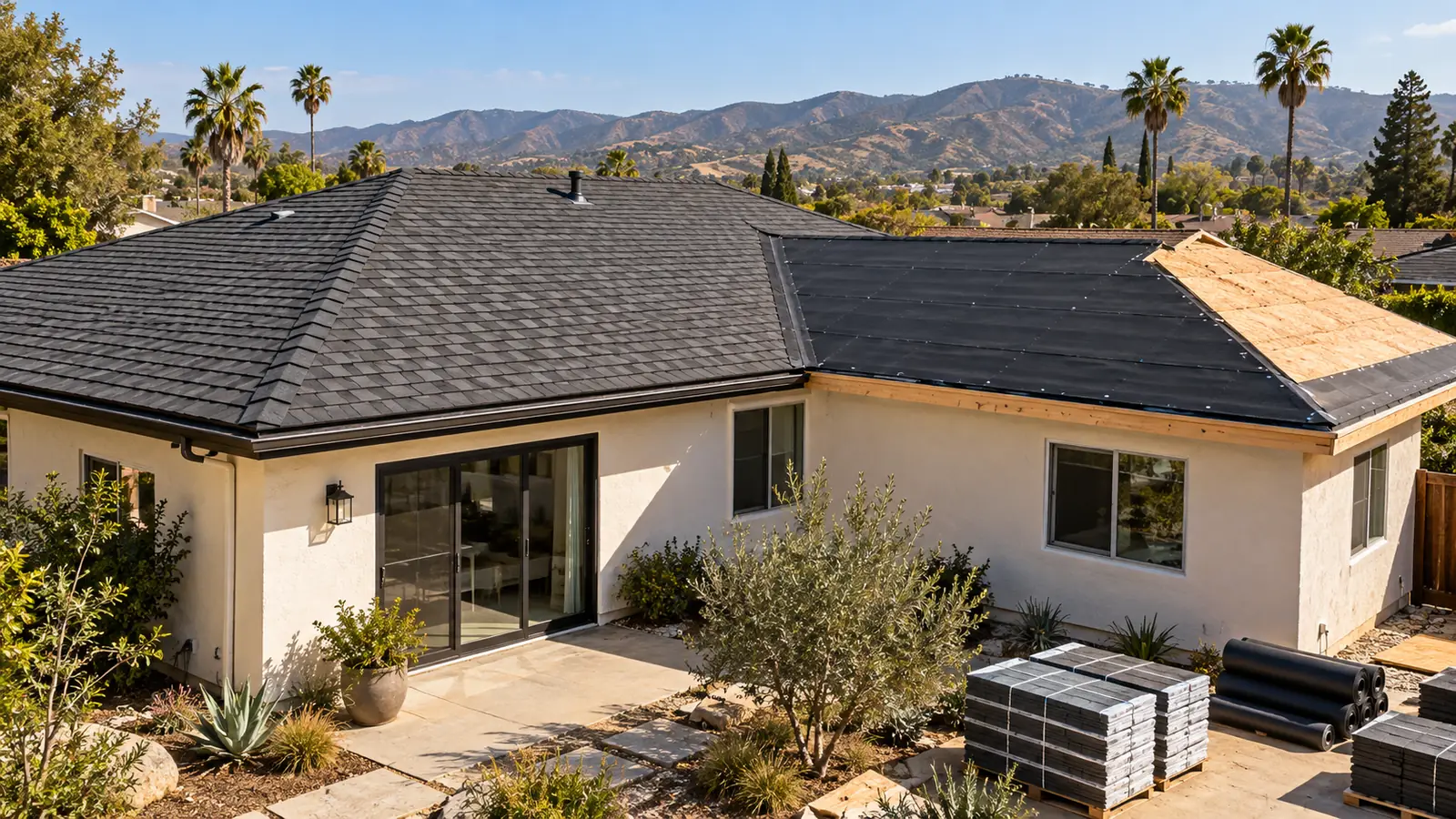 Illustration of a new residential roof with decking, underlayment and shingles during installation