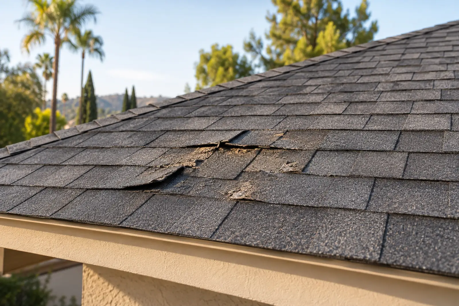 Illustration of localized wear and damaged shingles on a residential roof